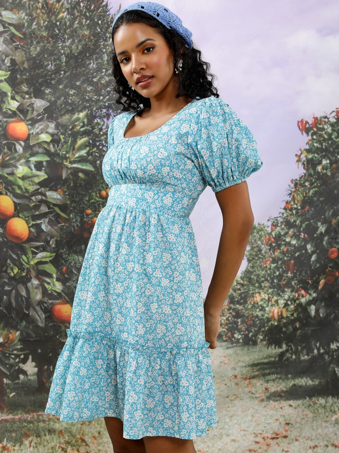 Tokyo Talkies Women Blue/Off White Printed Drop-Waist Dress - Blue - Image 4