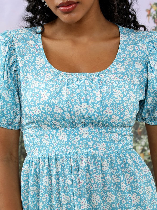 Tokyo Talkies Women Blue/Off White Printed Drop-Waist Dress - Blue - Image 5