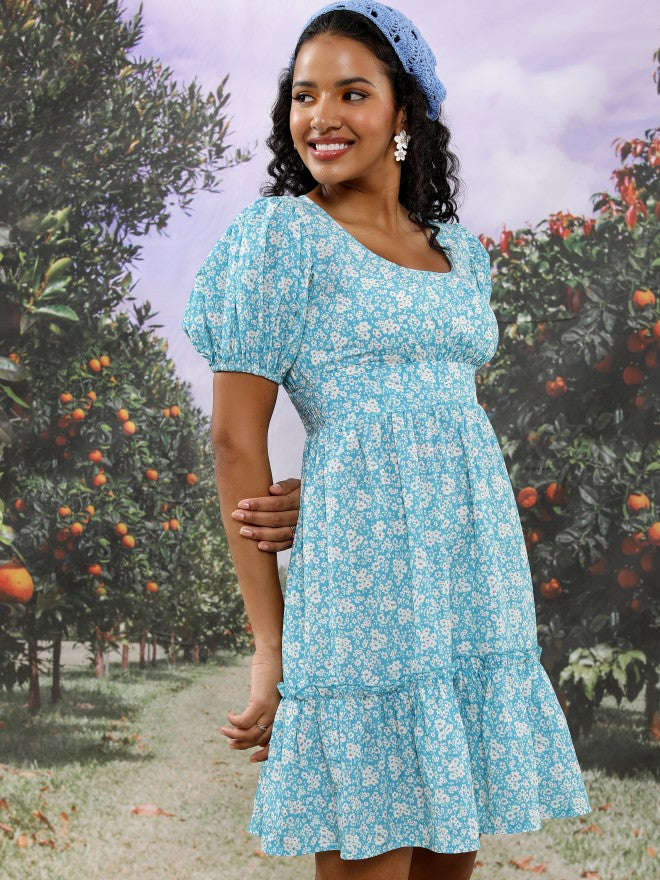 Tokyo Talkies Women Blue/Off White Printed Drop-Waist Dress - Blue - Image 6