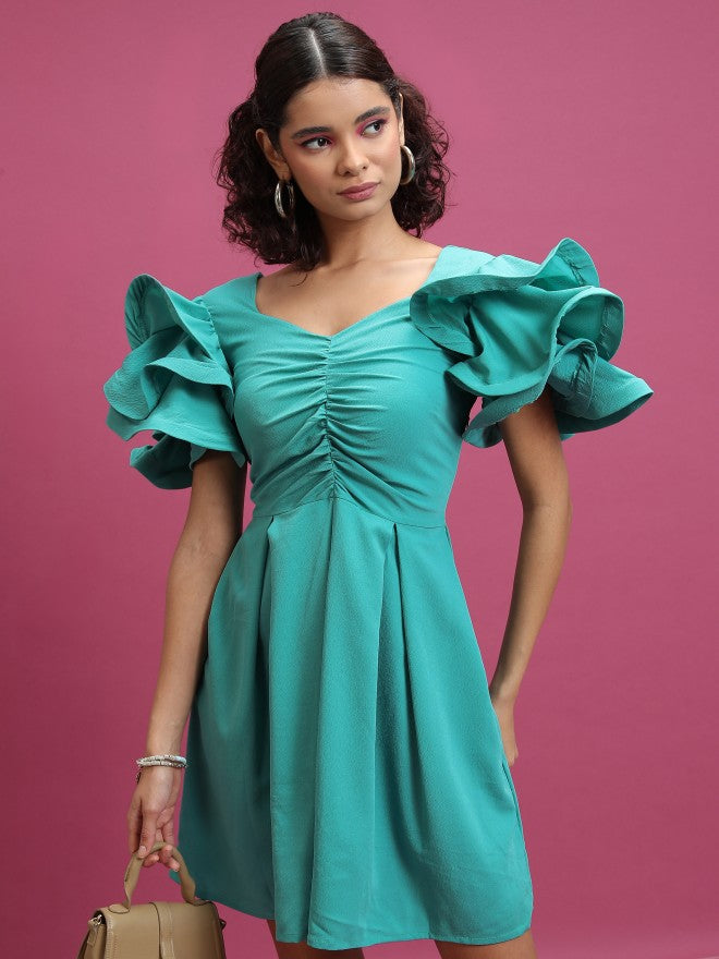 Tokyo Talkies Women Sea Green Solid A-Line Dress - Sage - Image 1