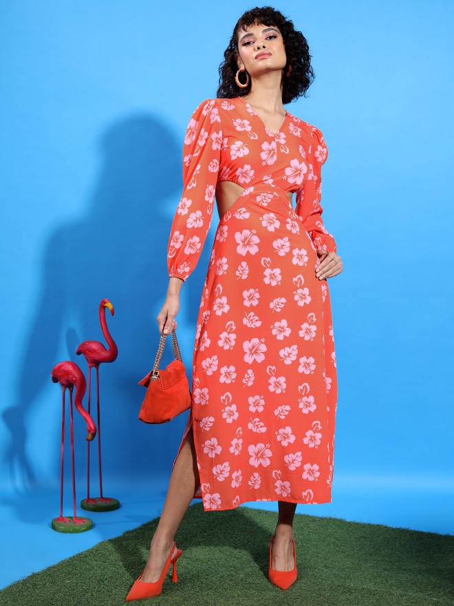 Tokyo Talkies Women Orange Printed Maxi Dress - Orange - Image 1
