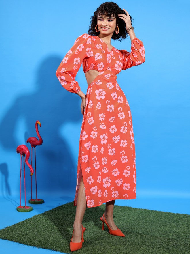 Tokyo Talkies Women Orange Printed Maxi Dress - Orange - Image 4