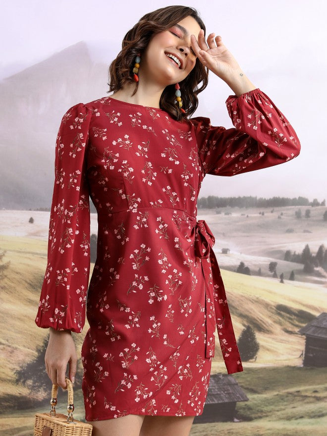 Tokyo Talkies Women Maroon Printed Wrap Dress - Maroon - Image 1