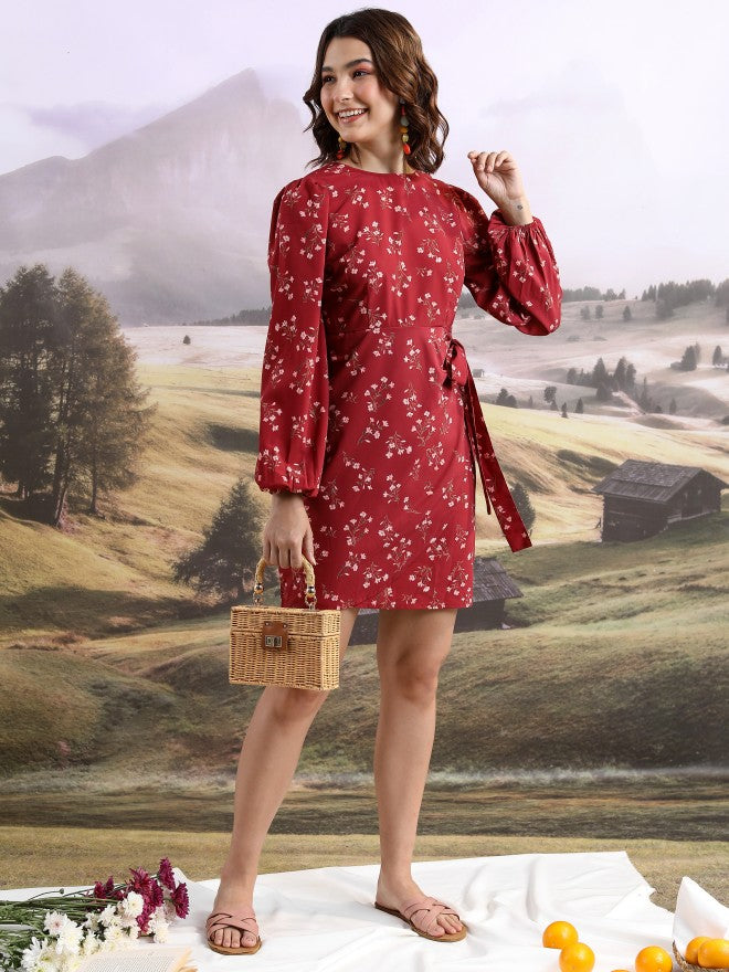 Tokyo Talkies Women Maroon Printed Wrap Dress - Maroon - Image 2