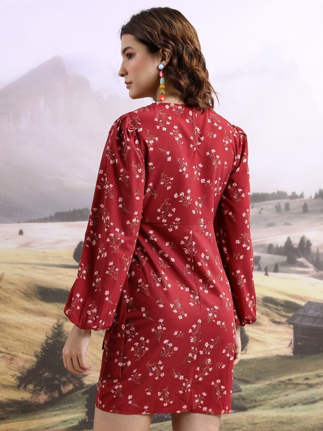 Tokyo Talkies Women Maroon Printed Wrap Dress - Maroon - Image 3