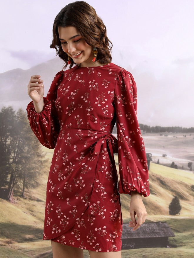 Tokyo Talkies Women Maroon Printed Wrap Dress - Maroon - Image 4