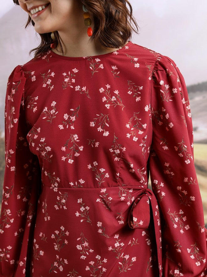 Tokyo Talkies Women Maroon Printed Wrap Dress - Maroon - Image 5