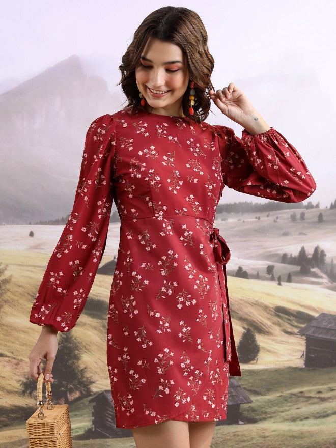 Tokyo Talkies Women Maroon Printed Wrap Dress - Maroon - Image 6