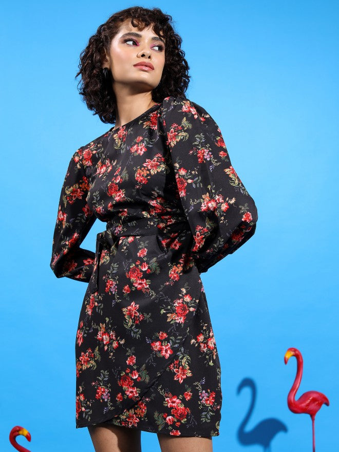 Tokyo Talkies Women Black/Red/Multi Printed Wrap Dress - Black - Image 4
