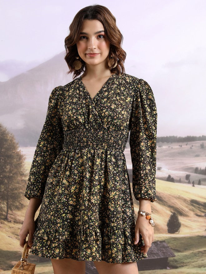 Tokyo Talkies Women Black/Yellow/Multi Printed Wrap Dress - Black - Image 1