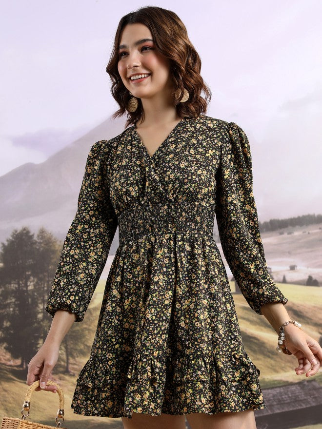 Tokyo Talkies Women Black/Yellow/Multi Printed Wrap Dress - Black - Image 4
