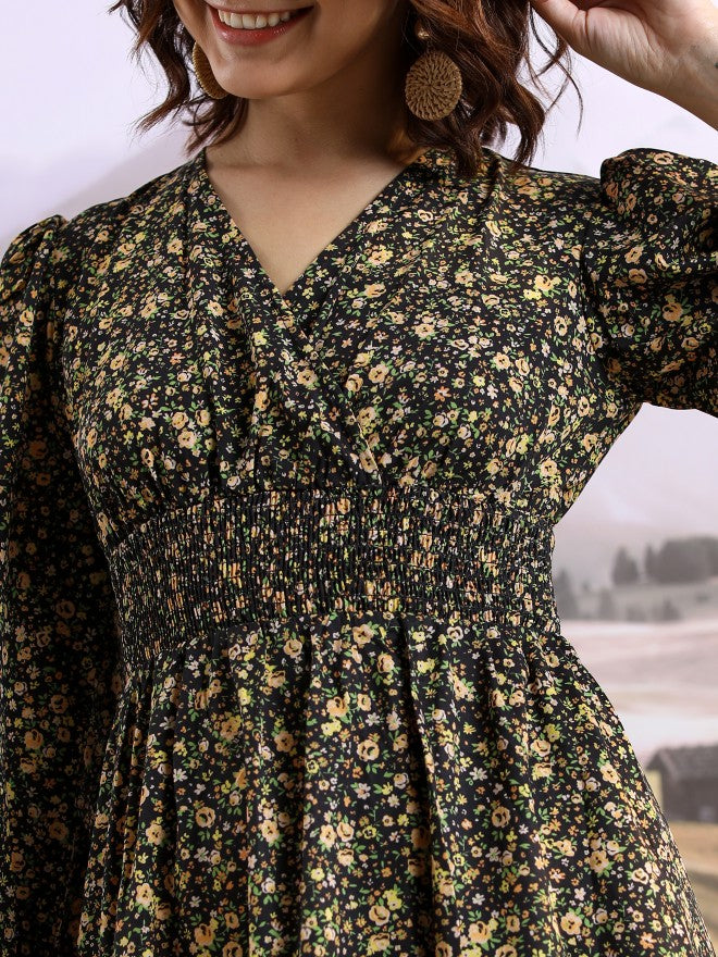 Tokyo Talkies Women Black/Yellow/Multi Printed Wrap Dress - Black - Image 5