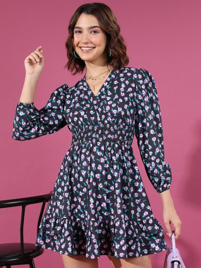Tokyo Talkies Women Black Printed Wrap Dress - Black - Image 1