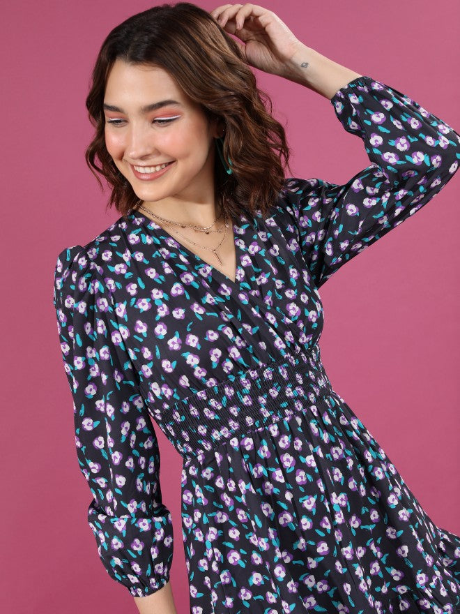 Tokyo Talkies Women Black Printed Wrap Dress - Black - Image 7