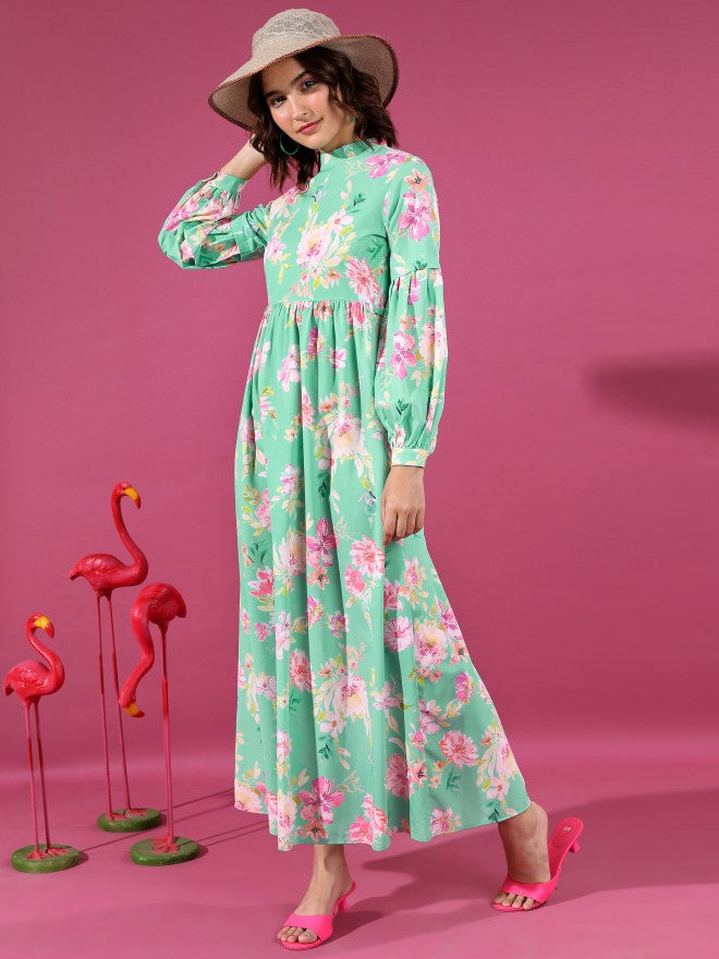 Tokyo Talkies Women Green/Pink/Multi Printed Maxi Dress - Green - Image 2