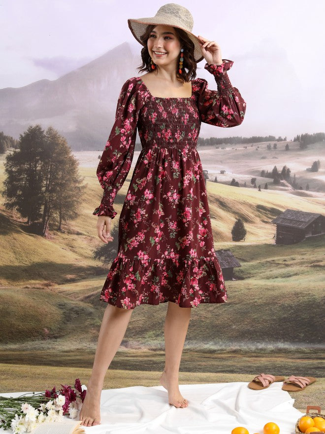 Tokyo Talkies Women Maroon Printed Fit And Flare Dress - Maroon - Image 1