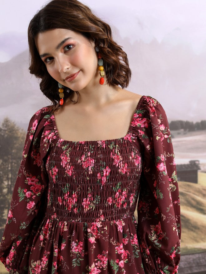 Tokyo Talkies Women Maroon Printed Fit And Flare Dress - Maroon - Image 2