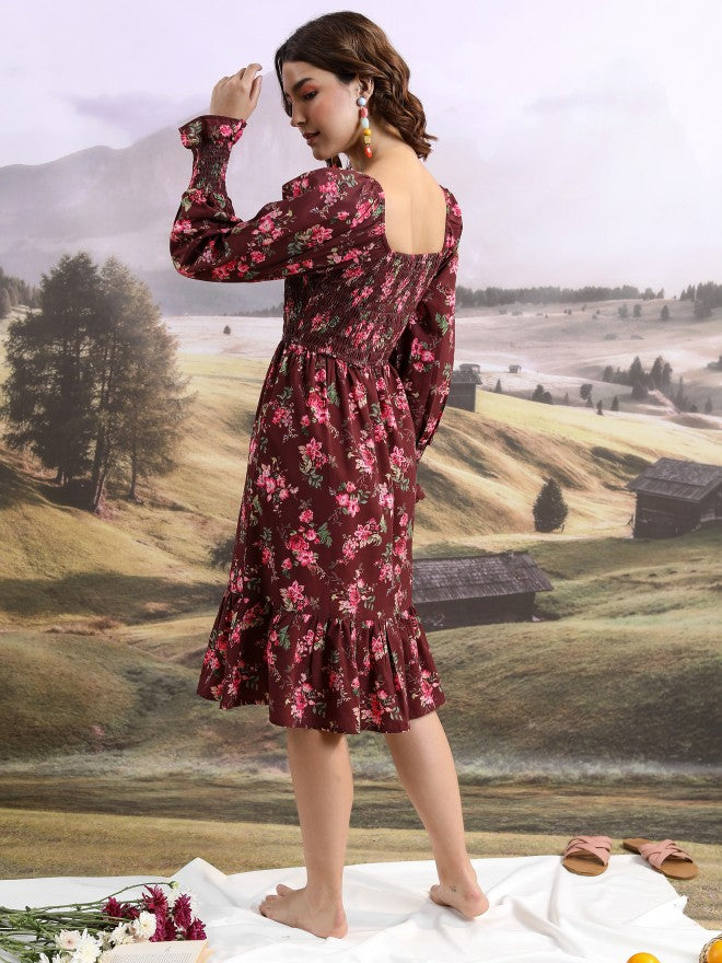 Tokyo Talkies Women Maroon Printed Fit And Flare Dress - Maroon - Image 3