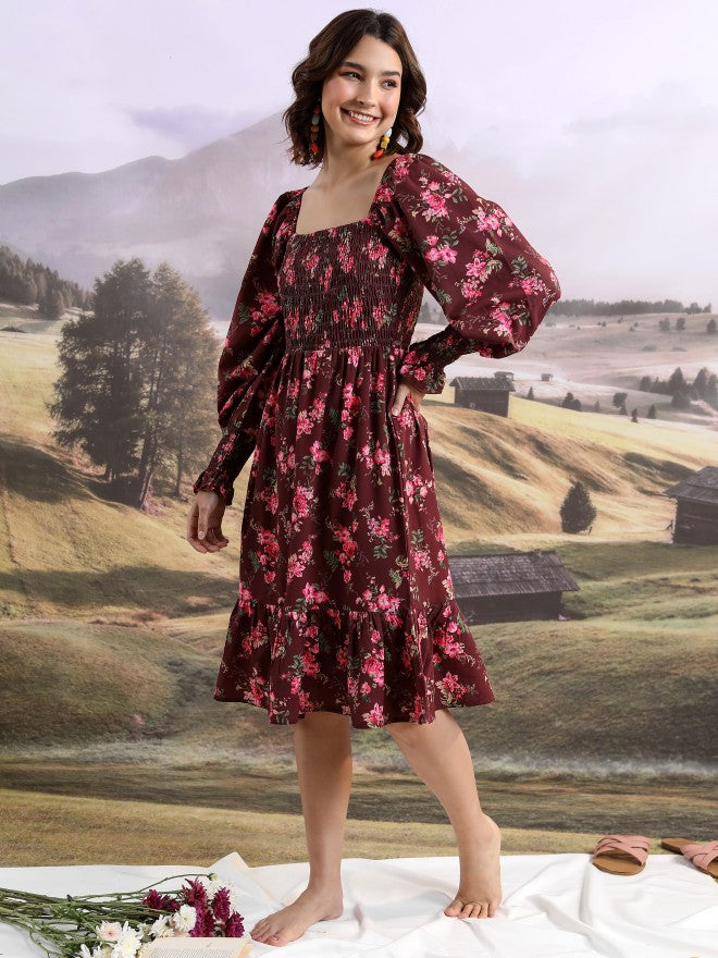 Tokyo Talkies Women Maroon Printed Fit And Flare Dress - Maroon - Image 4