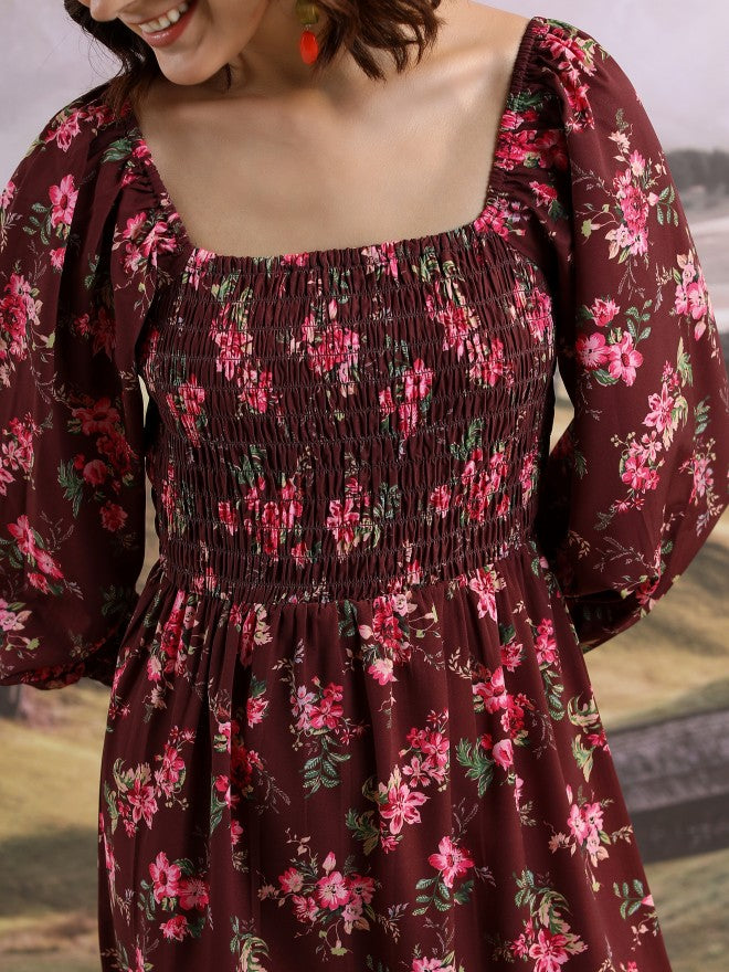 Tokyo Talkies Women Maroon Printed Fit And Flare Dress - Maroon - Image 5