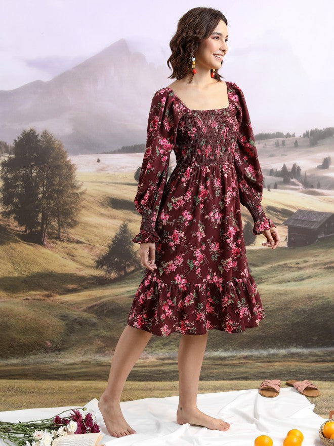 Tokyo Talkies Women Maroon Printed Fit And Flare Dress - Maroon - Image 6