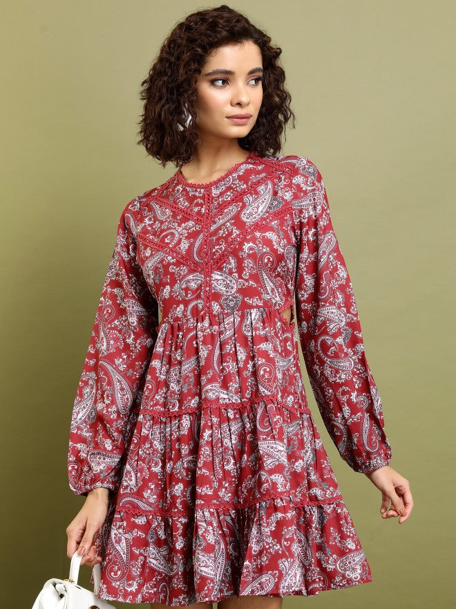 Tokyo Talkies Women Maroon Printed Fit And Flare Dress - Maroon - Image 1