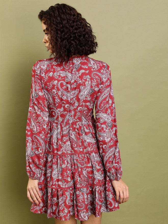 Tokyo Talkies Women Maroon Printed Fit And Flare Dress - Maroon - Image 3