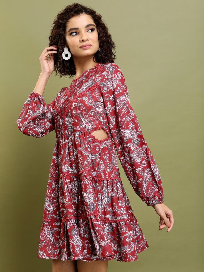 Tokyo Talkies Women Maroon Printed Fit And Flare Dress - Maroon - Image 4