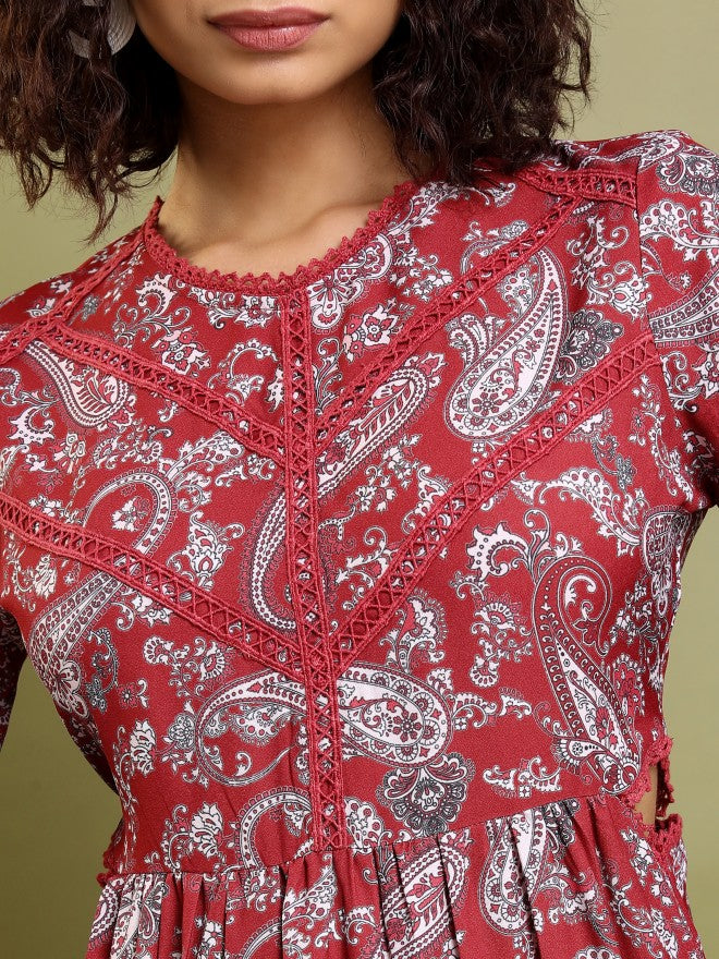 Tokyo Talkies Women Maroon Printed Fit And Flare Dress - Maroon - Image 5