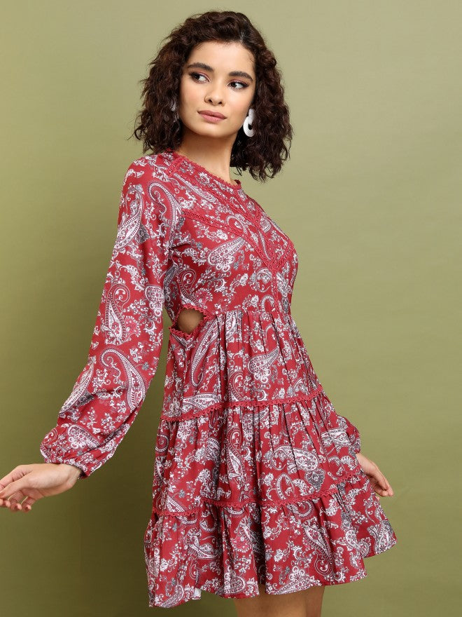 Tokyo Talkies Women Maroon Printed Fit And Flare Dress - Maroon - Image 6