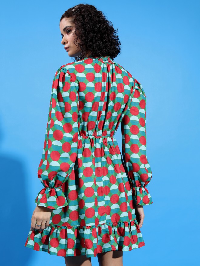 Tokyo Talkies Women Green Printed Drop-Waist Dress - Green - Image 3