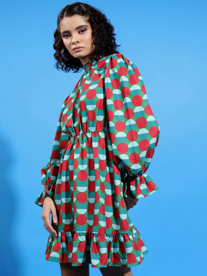 Tokyo Talkies Women Green Printed Drop-Waist Dress - Green - Image 4