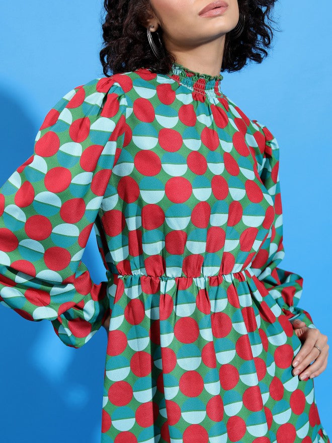 Tokyo Talkies Women Green Printed Drop-Waist Dress - Green - Image 5