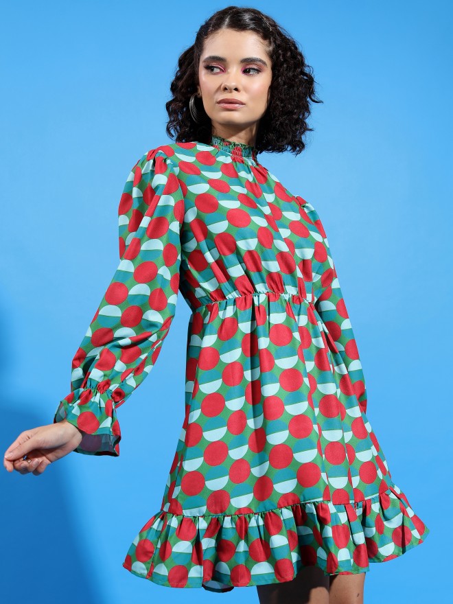 Tokyo Talkies Women Green Printed Drop-Waist Dress - Green - Image 6