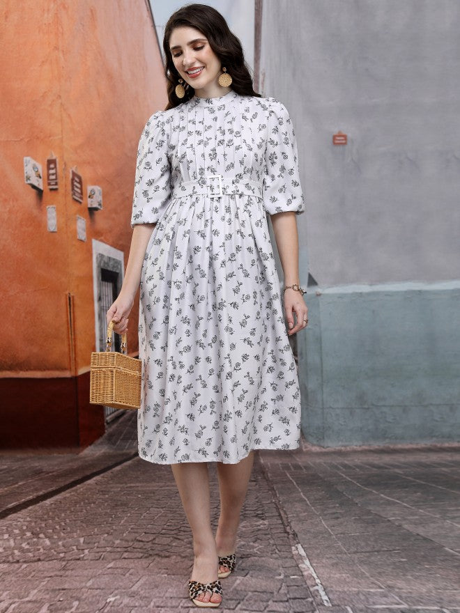 Tokyo Talkies Women Beige Printed A-Line Dress - Beige - Image 1