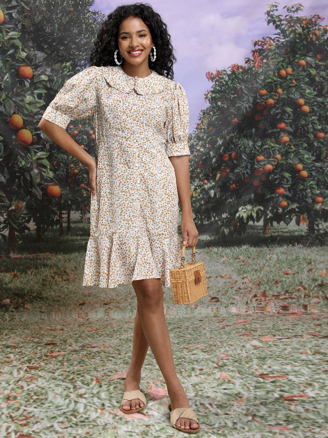 Tokyo Talkies Women White Printed Drop-Waist Dress - White - Image 1