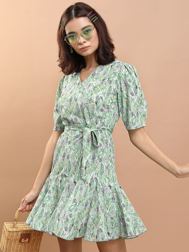 Tokyo Talkies Women Green/Multi Printed Fit And Flare Dress - Green - Image 1
