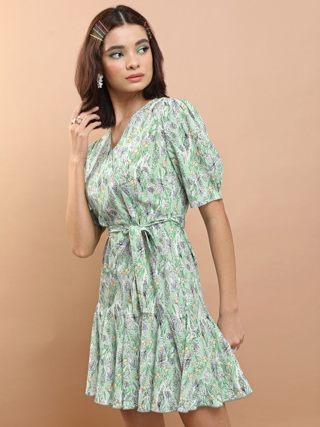 Tokyo Talkies Women Green/Multi Printed Fit And Flare Dress - Green - Image 4