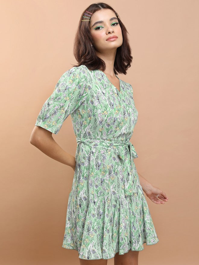 Tokyo Talkies Women Green/Multi Printed Fit And Flare Dress - Green - Image 6
