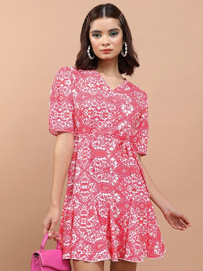 Tokyo Talkies Women Fuchsia Printed Wrap Dress - Fuscia - Image 1