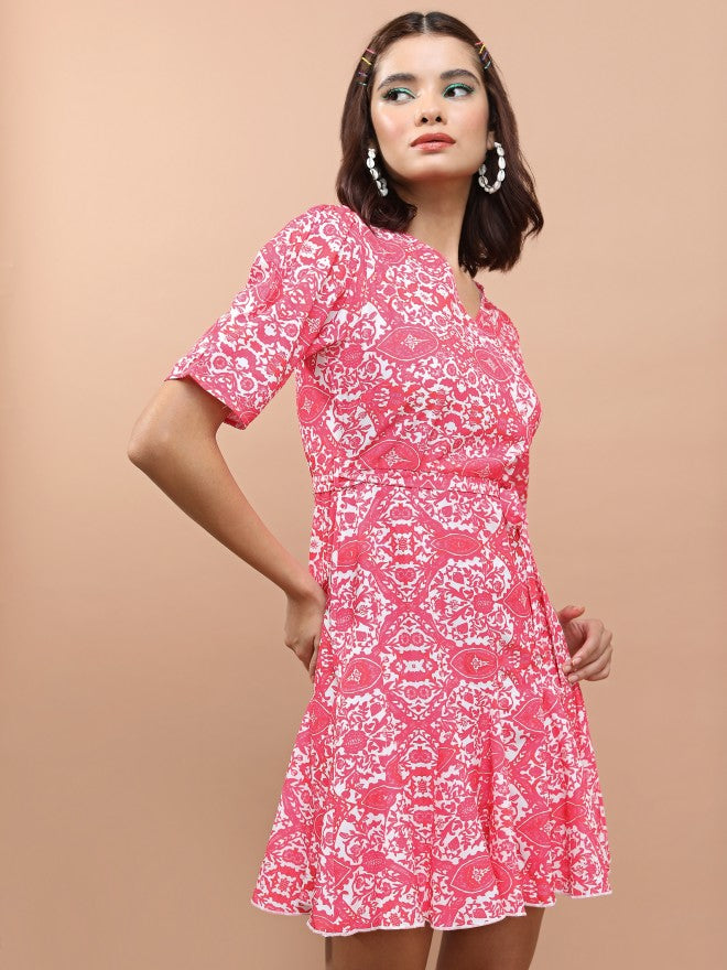 Tokyo Talkies Women Fuchsia Printed Wrap Dress - Fuscia - Image 6