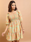 Tokyo Talkies Women Peach/Green/Multi Printed Fit And Flare Dress - Peach - Image 1