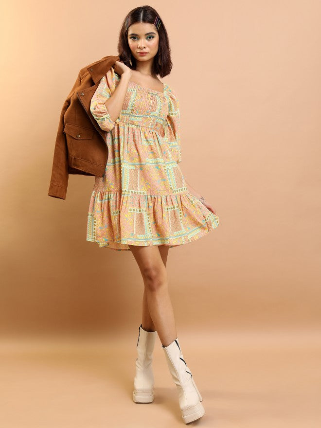 Tokyo Talkies Women Peach/Green/Multi Printed Fit And Flare Dress - Peach - Image 2
