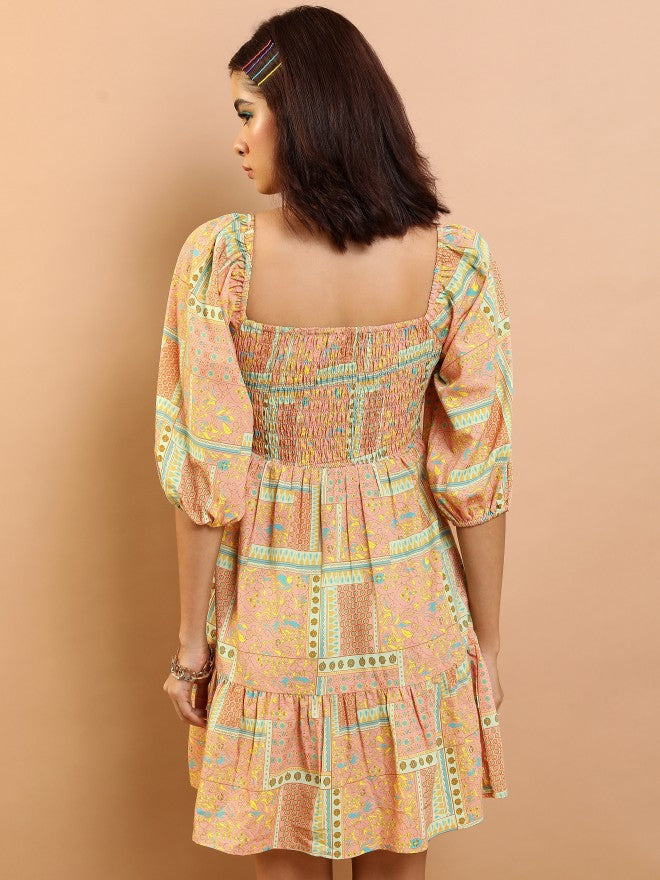 Tokyo Talkies Women Peach/Green/Multi Printed Fit And Flare Dress - Peach - Image 3