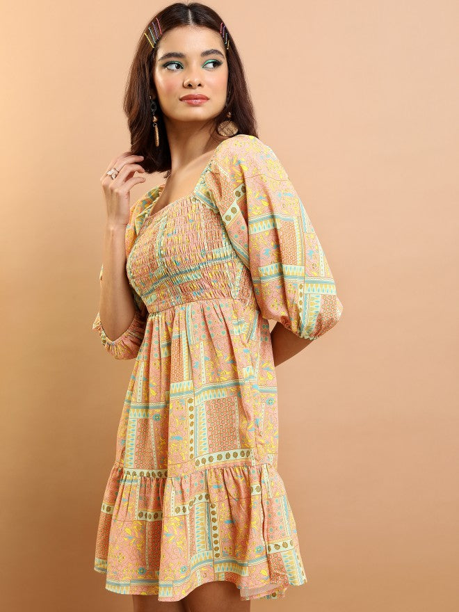 Tokyo Talkies Women Peach/Green/Multi Printed Fit And Flare Dress - Peach - Image 4