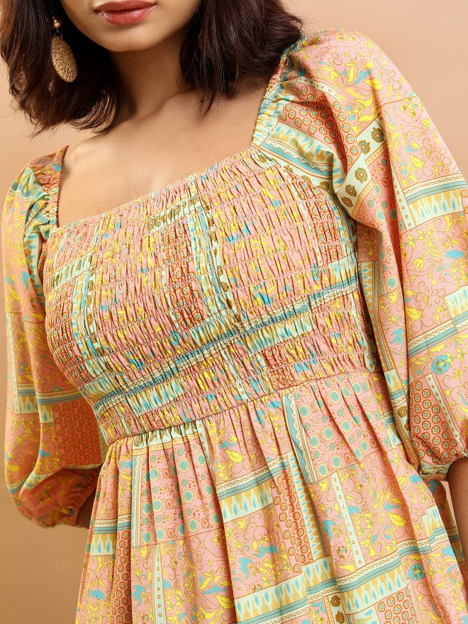 Tokyo Talkies Women Peach/Green/Multi Printed Fit And Flare Dress - Peach - Image 5