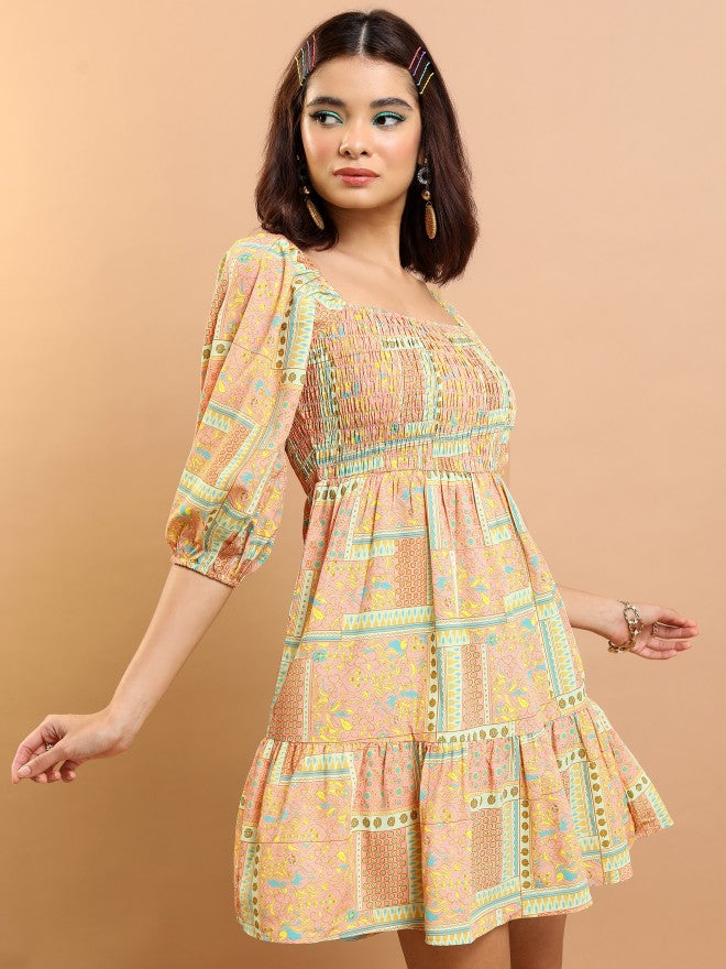 Tokyo Talkies Women Peach/Green/Multi Printed Fit And Flare Dress - Peach - Image 6