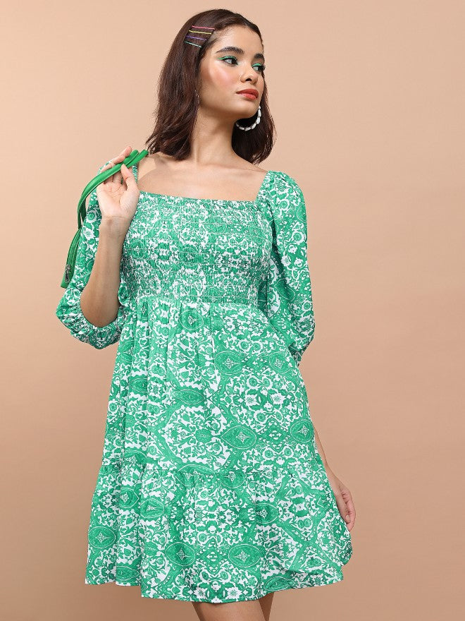 Tokyo Talkies Women Green Printed Fit And Flare Dress - Green - Image 1
