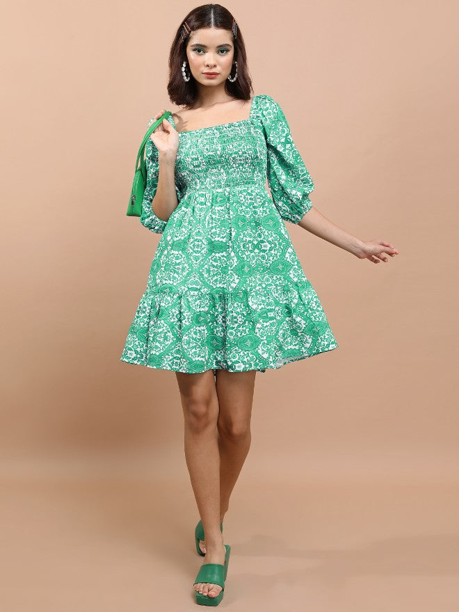 Tokyo Talkies Women Green Printed Fit And Flare Dress - Green - Image 2
