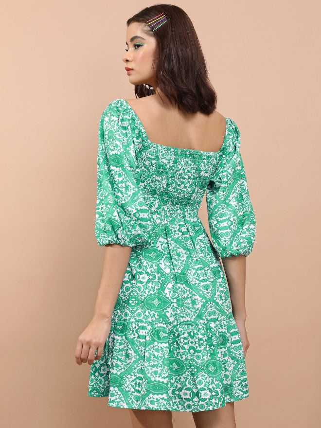 Tokyo Talkies Women Green Printed Fit And Flare Dress - Green - Image 3